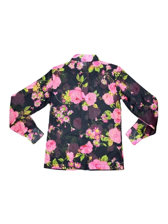 Feminine Floral Peony Print Black 70s Collared Long Sleeve Blouse - Picture 4 of 4